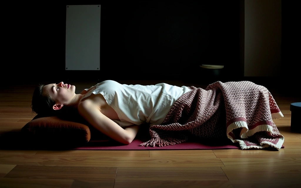 A person comfortably supported by bolsters and blankets in a restorative yoga pose, looking deeply relaxed in a dimly lit, cozy studio.
