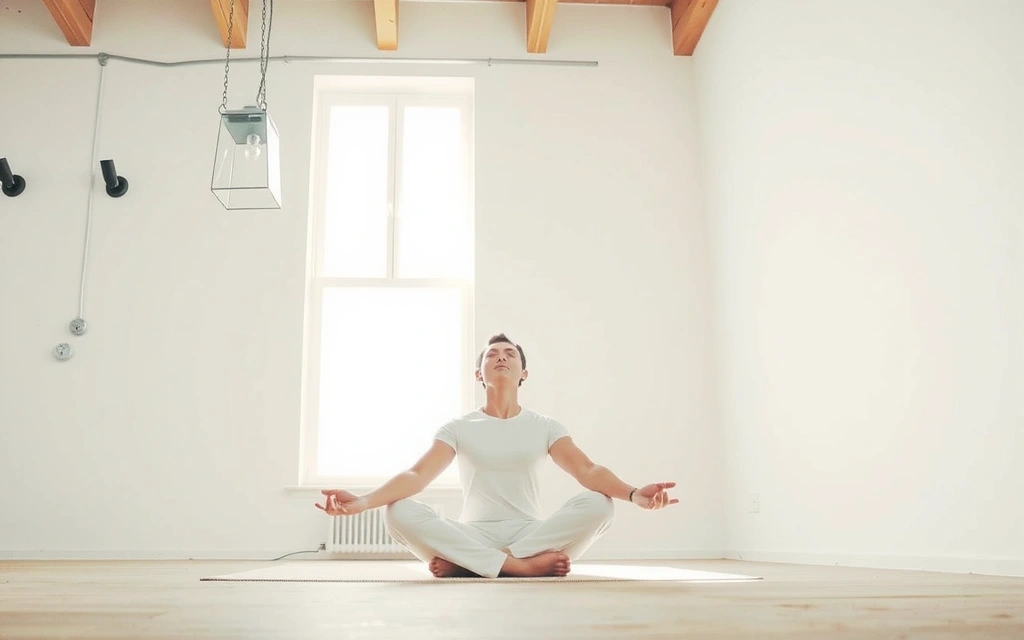 A person sitting in a comfortable meditation posture, eyes closed, radiating tranquility. Soft light illuminates a peaceful, uncluttered space.