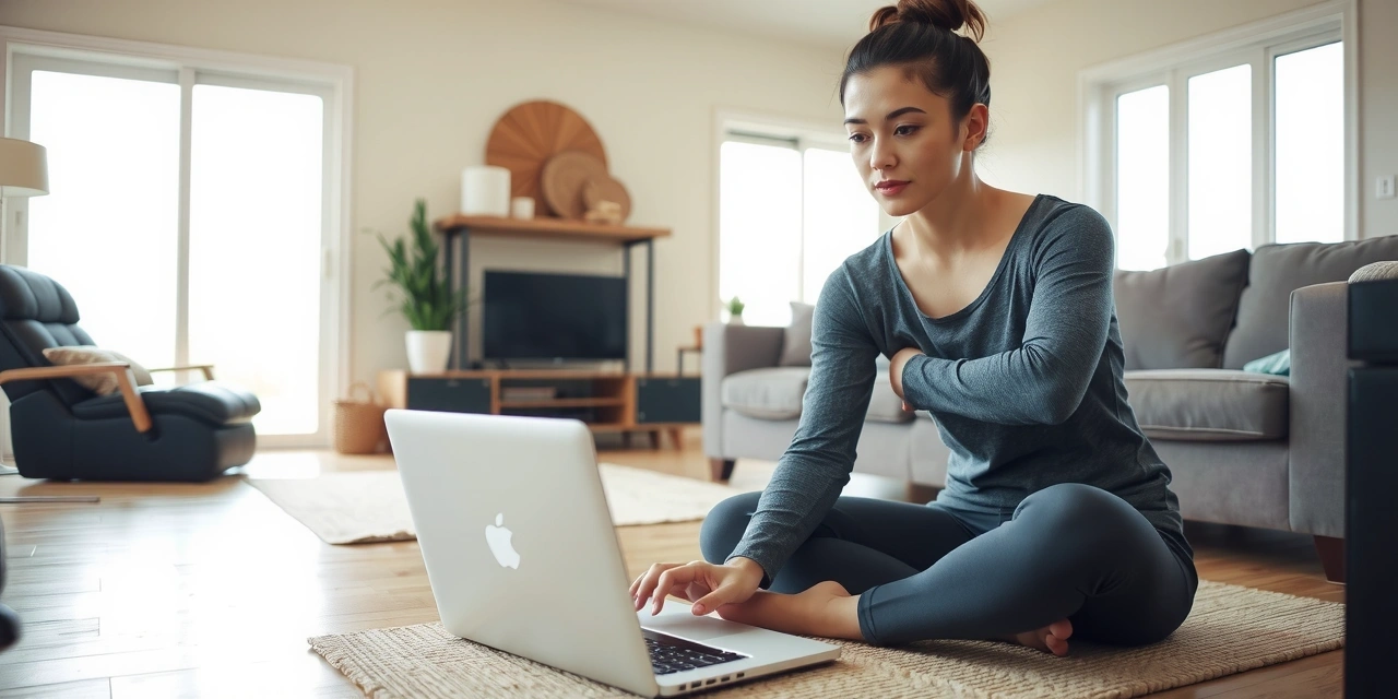 Person practicing yoga in front of a laptop