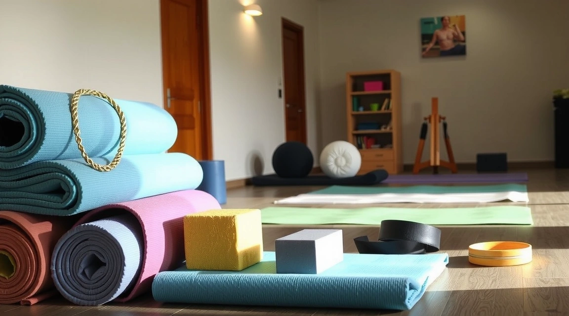 Yoga mats and props neatly stacked in a studio