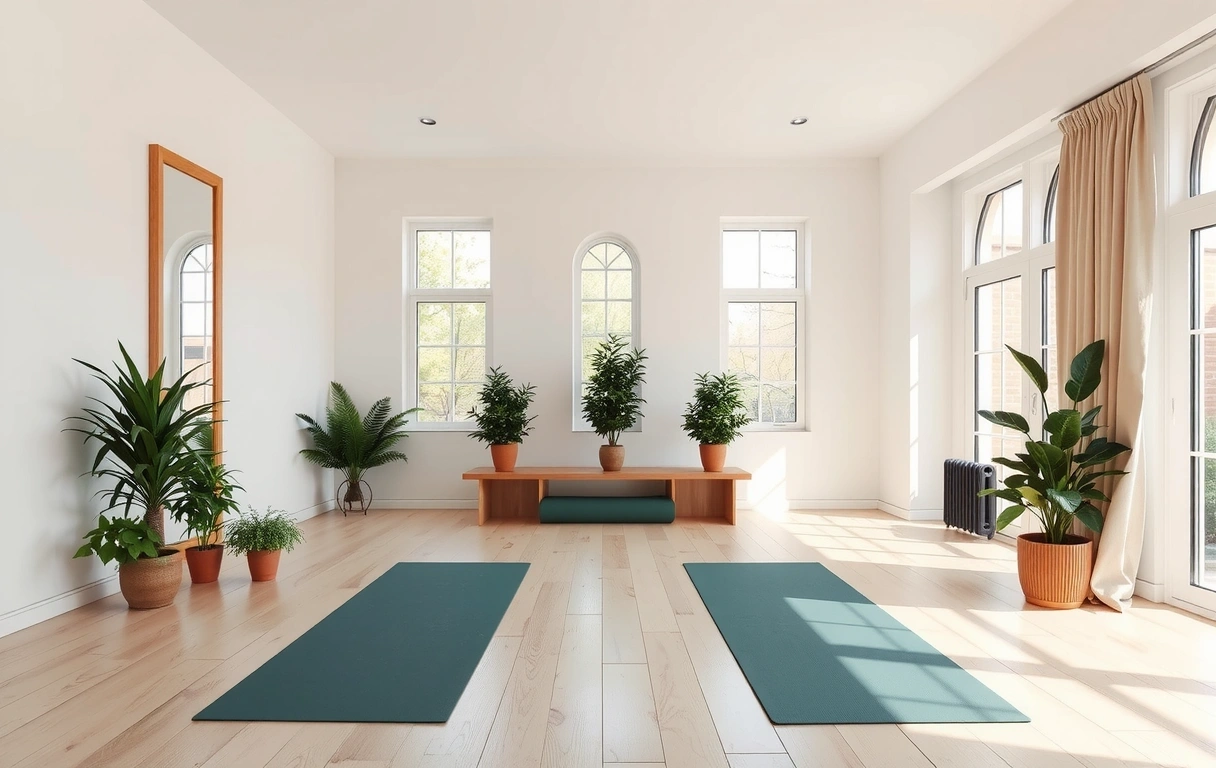 Yoga studio with natural light and plants