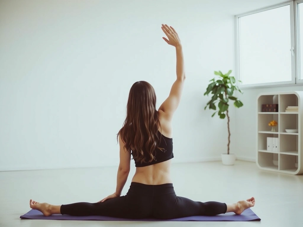 Woman practicing yoga on a laptop in a serene home environment