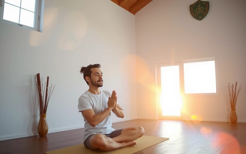 A serene image of a person meditating in a yoga studio, surrounded by soft lighting and natural elements, representing peace and data security.